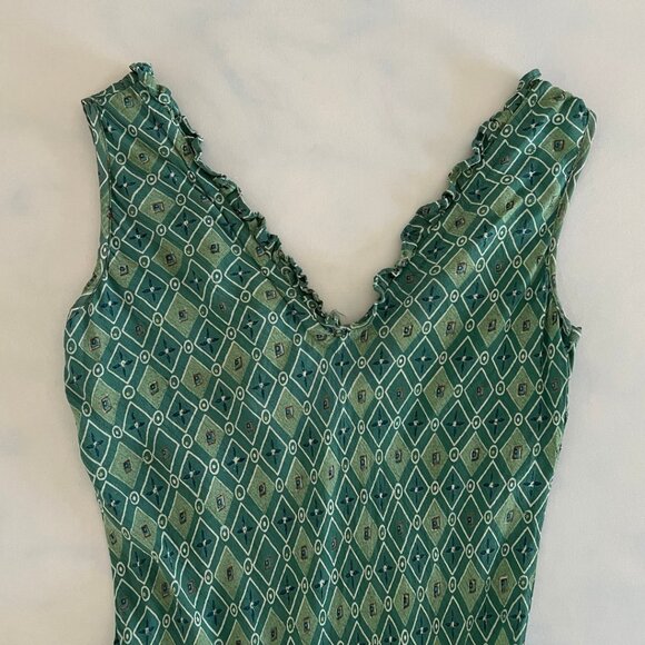 Angie VTG Turquoise Deep V-Neck Ruffle Trim Retro Midi Dress - Picture 3 of 8